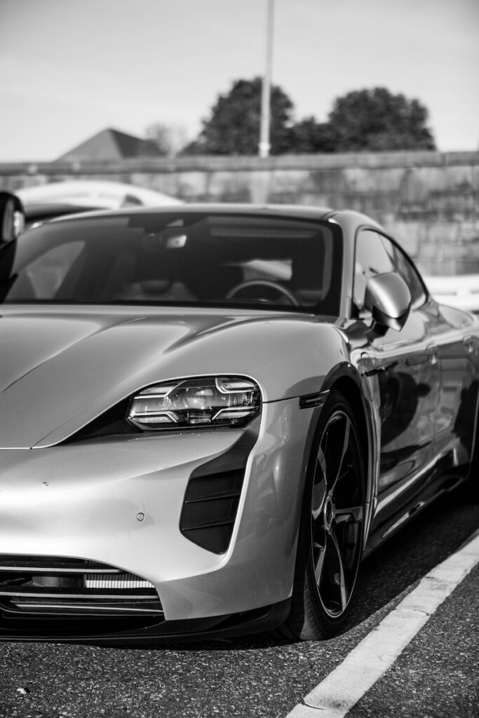 grayscale photo of mercedes benz coupe