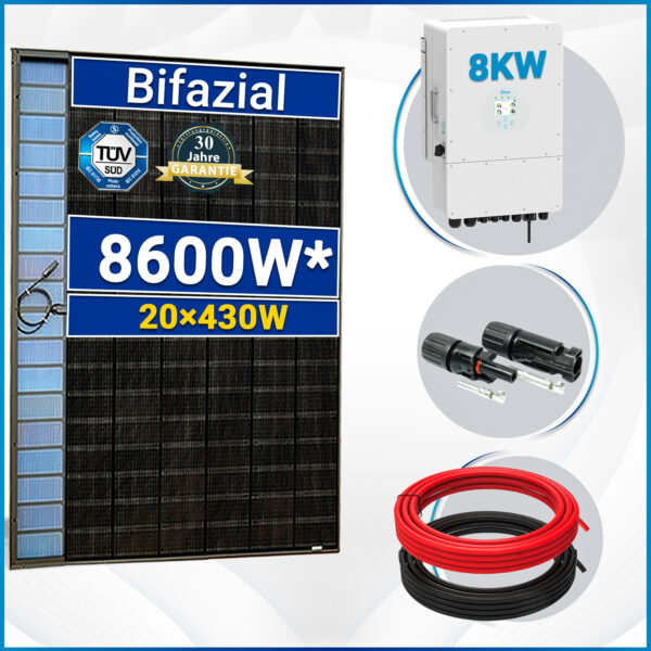 8600W Photovoltaik Solaranlage Set mit 20x430W Bifaziale Solarmodule und 8kW Deye Hybrid-Wechselrichter