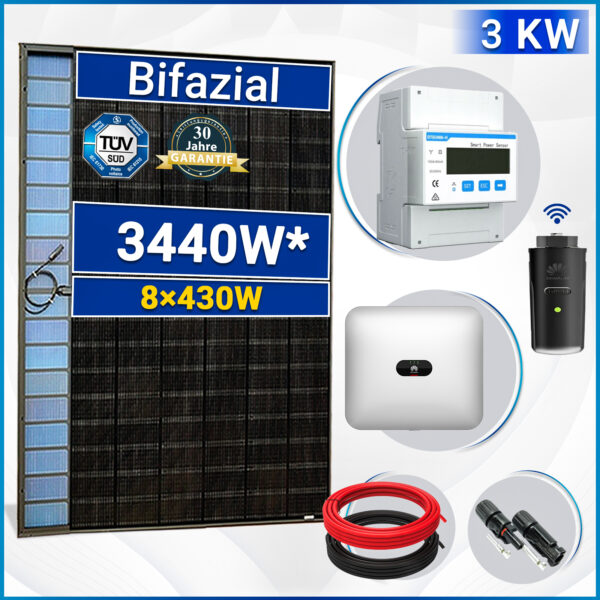 3440W Photovoltaik Solaranlage Set mit 8x430W Bifaziale Solarmodule und Huawei SUN2000 3KTL M1 HC Hybrid Wechselrichter