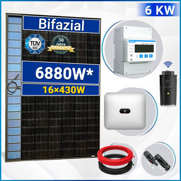 6880W Photovoltaik Solaranlage Set mit 16x430W Bifaziale Solarmodule und Huawei SUN2000 6KTL M1 HC Hybrid Wechselrichter