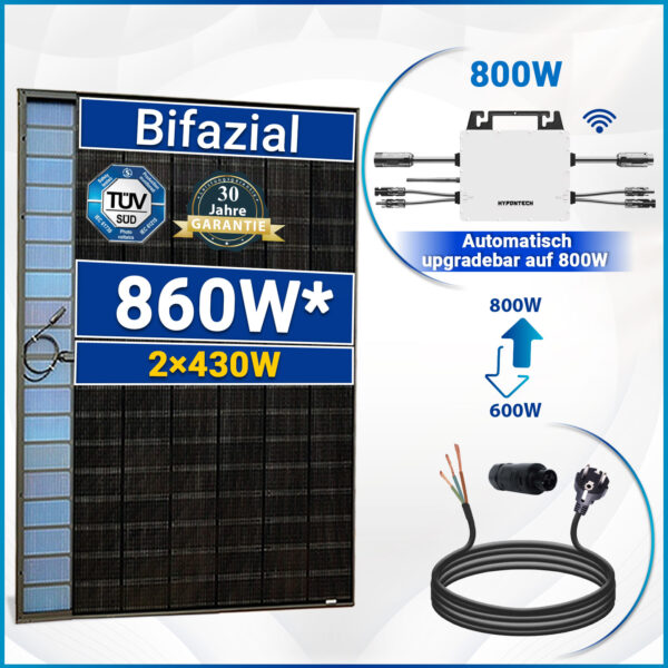 860W/800W Balkonkraftwerk(1200W Energieerzeugung) inkl. 430W bifaziale Solarmodule mit Hypontech 800W Upgradefähiger WIFI Wechselrichter