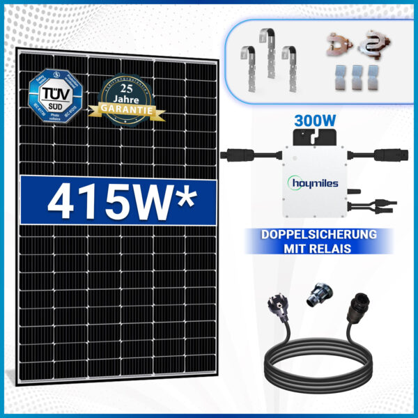 415W Black Frame Balkonkraftwerk Komplettset mit HM 300W Wechselrichter und 10m Schukostecker Balkongeländer Rund PV Montage