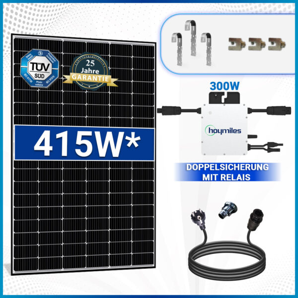 415W Black Frame Balkonkraftwerk Komplettset mit HM 300W Wechselrichter, 10m Schukostecker und Balkongeländer Eckig PV Montage