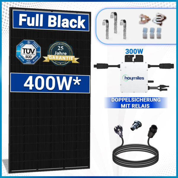 400W Black Frame Balkonkraftwerk Komplettset mit HM 300W Wechselrichter, 10m Schukostecker und Balkongeländer Rund PV Montage