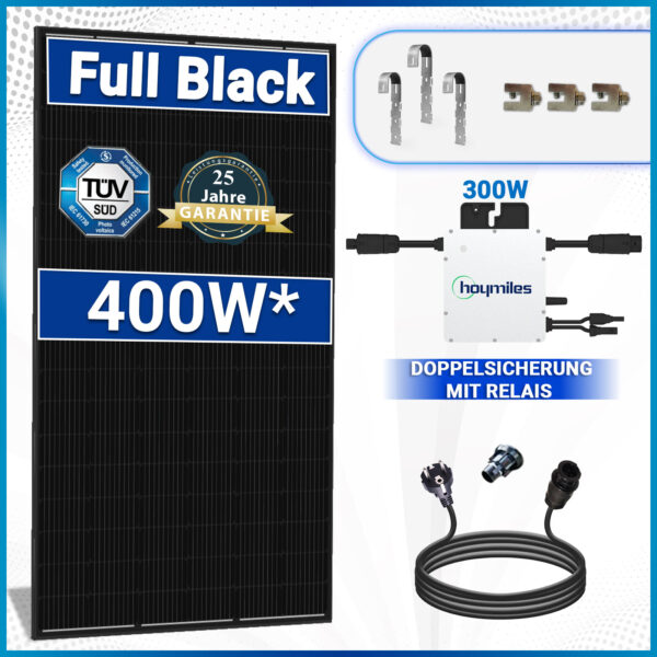 400W Black Frame Balkonkraftwerk Komplettset mit HM 300W Wechselrichter, 10m Schukostecker und Balkongeländer Eckig PV Montage