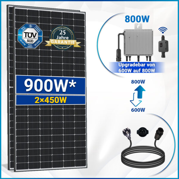 900W Balkonkraftwerk inkl. 450W Solarmodule, Neu Generation Upgradefähiger 800W Deye WIFI Wechselrichter mit Relais und 10m Schukostecker