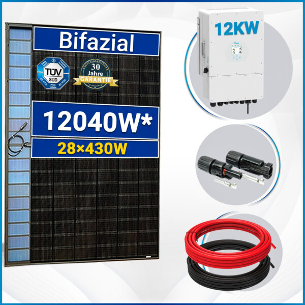 12040W Photovoltaik Solaranlage Set mit 28x430W Bifaziale Solarmodule und 12kW Deye Hybrid-Wechselrichter