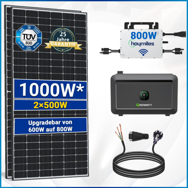 1000W Balkonkraftwerk mit Speicher, Hoymiles Wechselrichter 800W (HMS-800W-2T), Growatt NOAH 2000 Balkon Solar Speicher