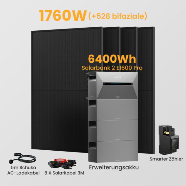 Anker Solix Solarbank 2 E1600 Pro 4800/6400Wh Balkonkraftwerk Set, 1620/1760W Solarmodule, mit Smarter Zähler