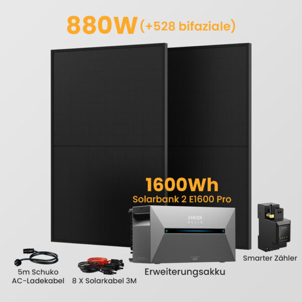 Anker Solix Solarbank 2 E1600 Pro 1600Wh Balkonkraftwerk Set, 870/880/1740/1760W Bifaziale Solarmodule, mit Smarter Zähler