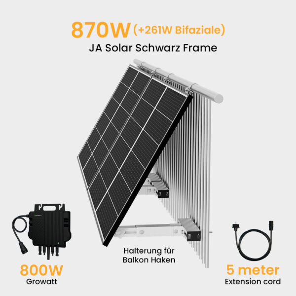 Powerness Balkonkraftwerk Set mit Halterung, 810/870/880Wp Bifaziale Solaranlage, Full Black Solarpaneel, Growatt 800W Wechselrichter