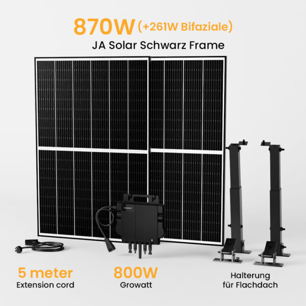 Powerness Balkonkraftwerk Set mit Halterung, 810/870/880Wp Bifaziale Solaranlage, Full Black Solarpaneel, Growatt 800W Wechselrichter