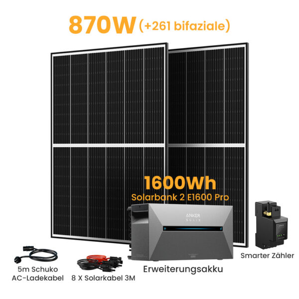 Anker Solix Solarbank 2 E1600 Pro 1600Wh Balkonkraftwerk Set, 870/880/1740/1760W Bifaziale Solarmodule, mit Smarter Zähler